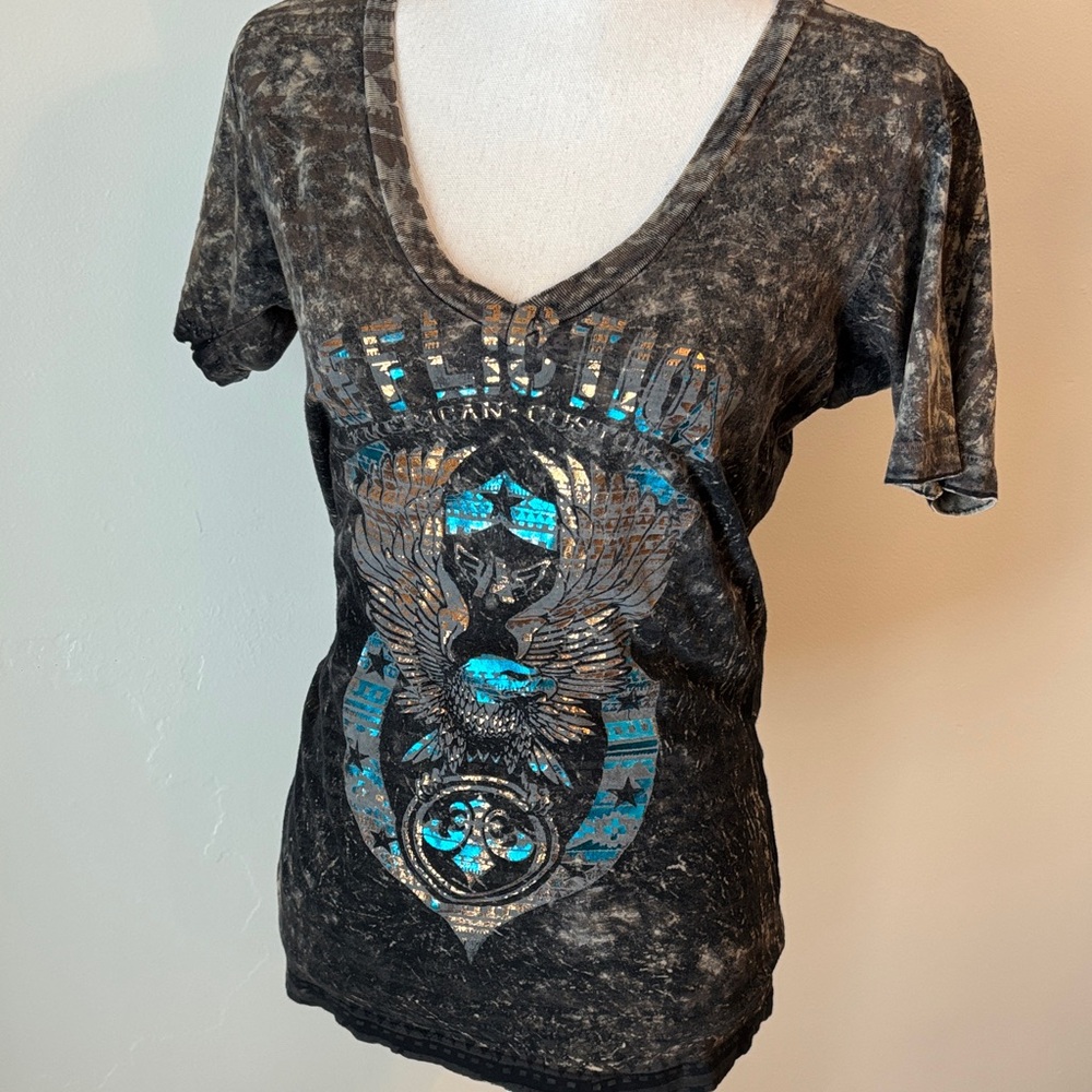 Affliction Black and Turquoise Short Sleeve V-Neck Tee